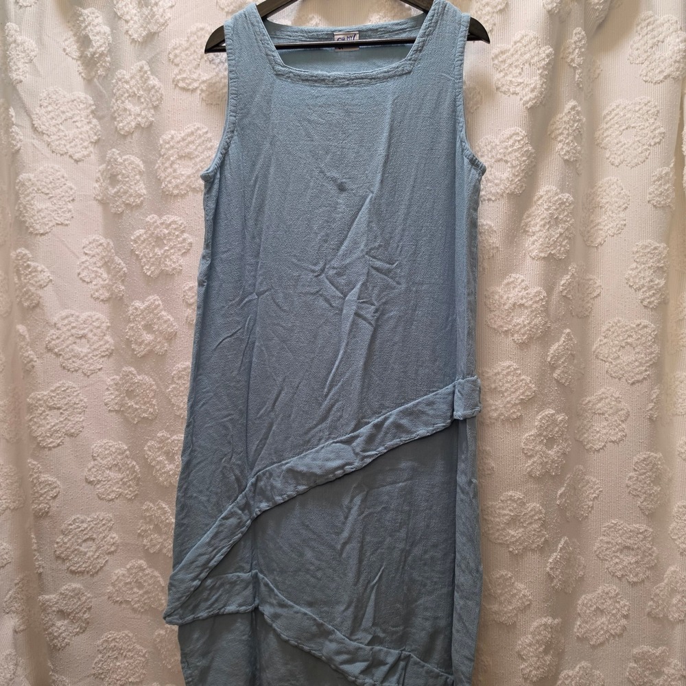 Oh My Gauze! Blue Cotton Asymmetrical Lagenlook Sleeveless Midi Dress 2 L/XL
